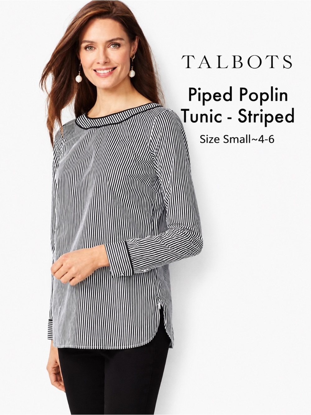 Talbots Tunic Piped Poplin Striped Black and White NEW